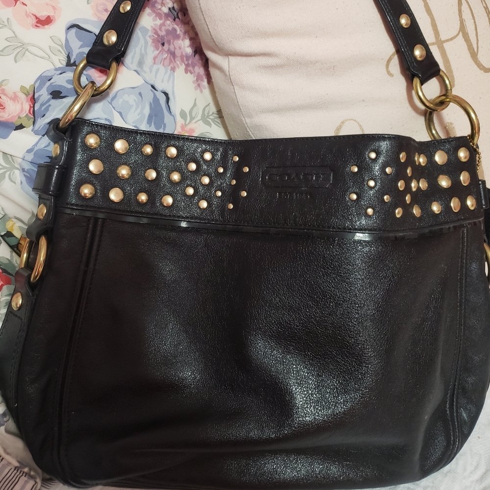 Coach Black Leather Shoulder Bag with Gold Studs! Rare Find! EUC
